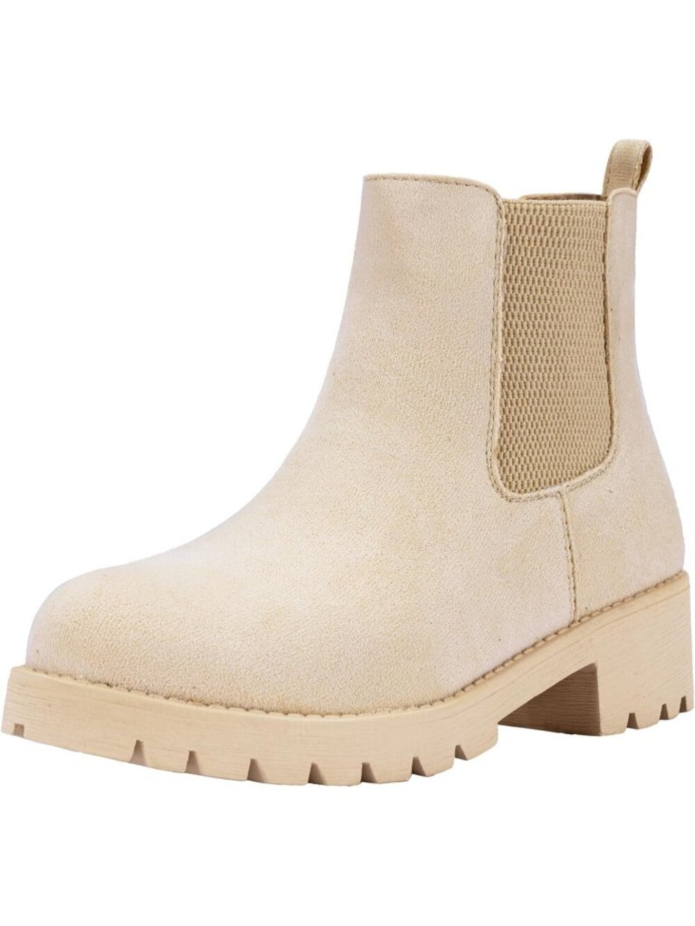 Women's Nude Elastic Side Round Toe Chelsea Ankle Boots Pull-On Low Heel Boots